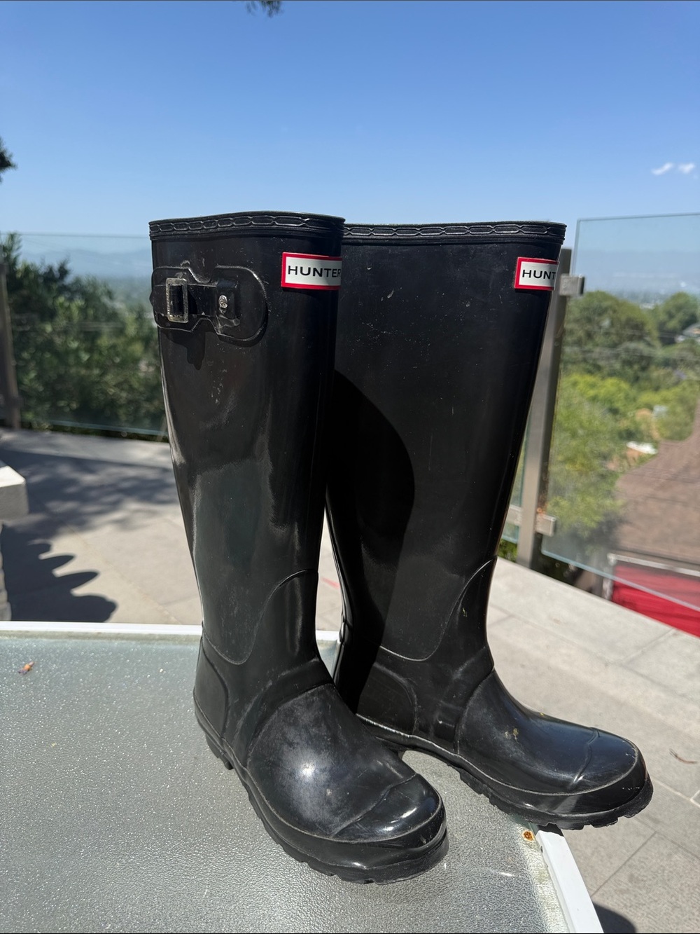 Hunter Black Gloss Knee-High Rain Boots with Buckle